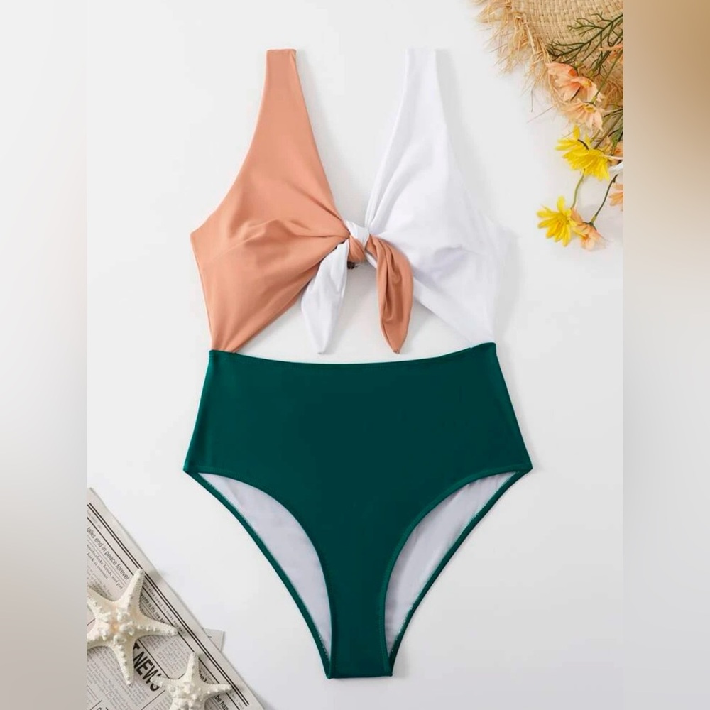 Color Block Knot Front One Piece Swimsuit